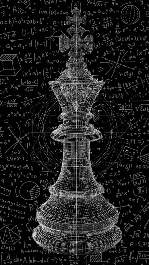 wireframe chess king with math formulas
